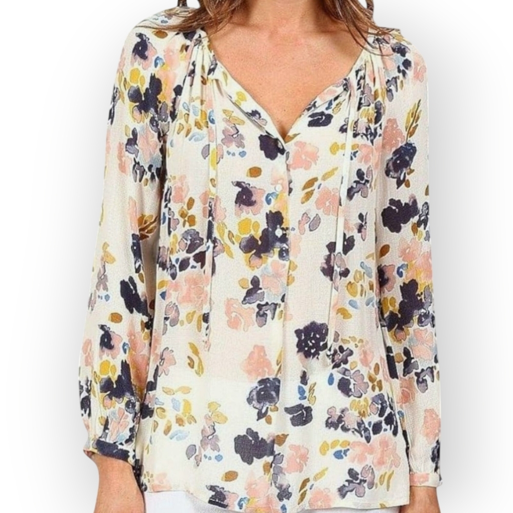 Lucky Brand XS Boho Pheasant Floral Print Long Sleeve Keyhole Tie V-Neck Blouse